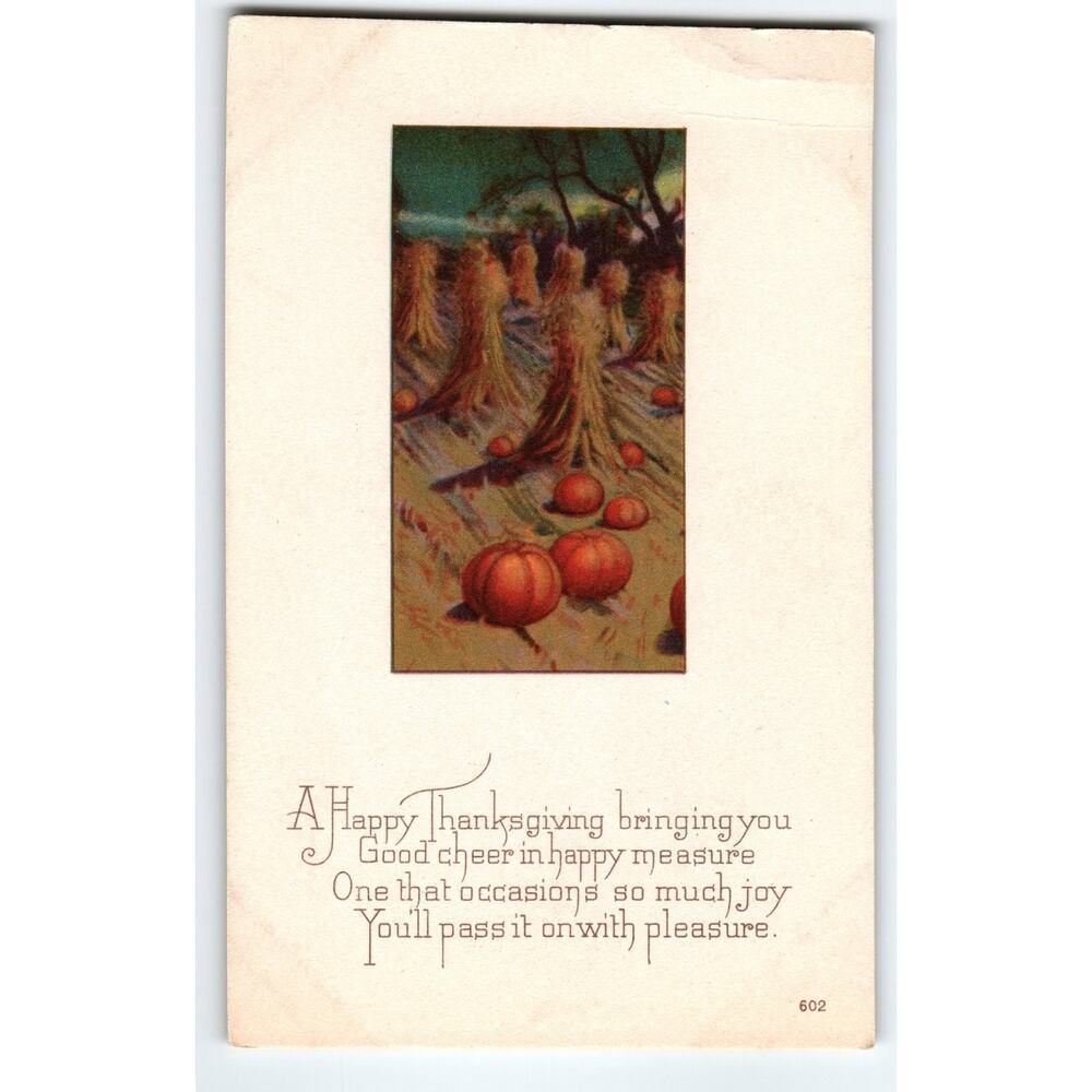 Vintage Thanksgiving Lithograph Postcard with Pumpkin Harvest Scene